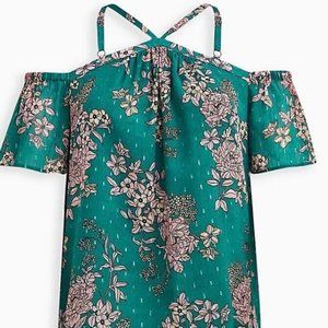 Torrid NWT COLD SHOULDER HALTER TOP - CRINKLE CHIFFON FLORAL GREEN Sz 3